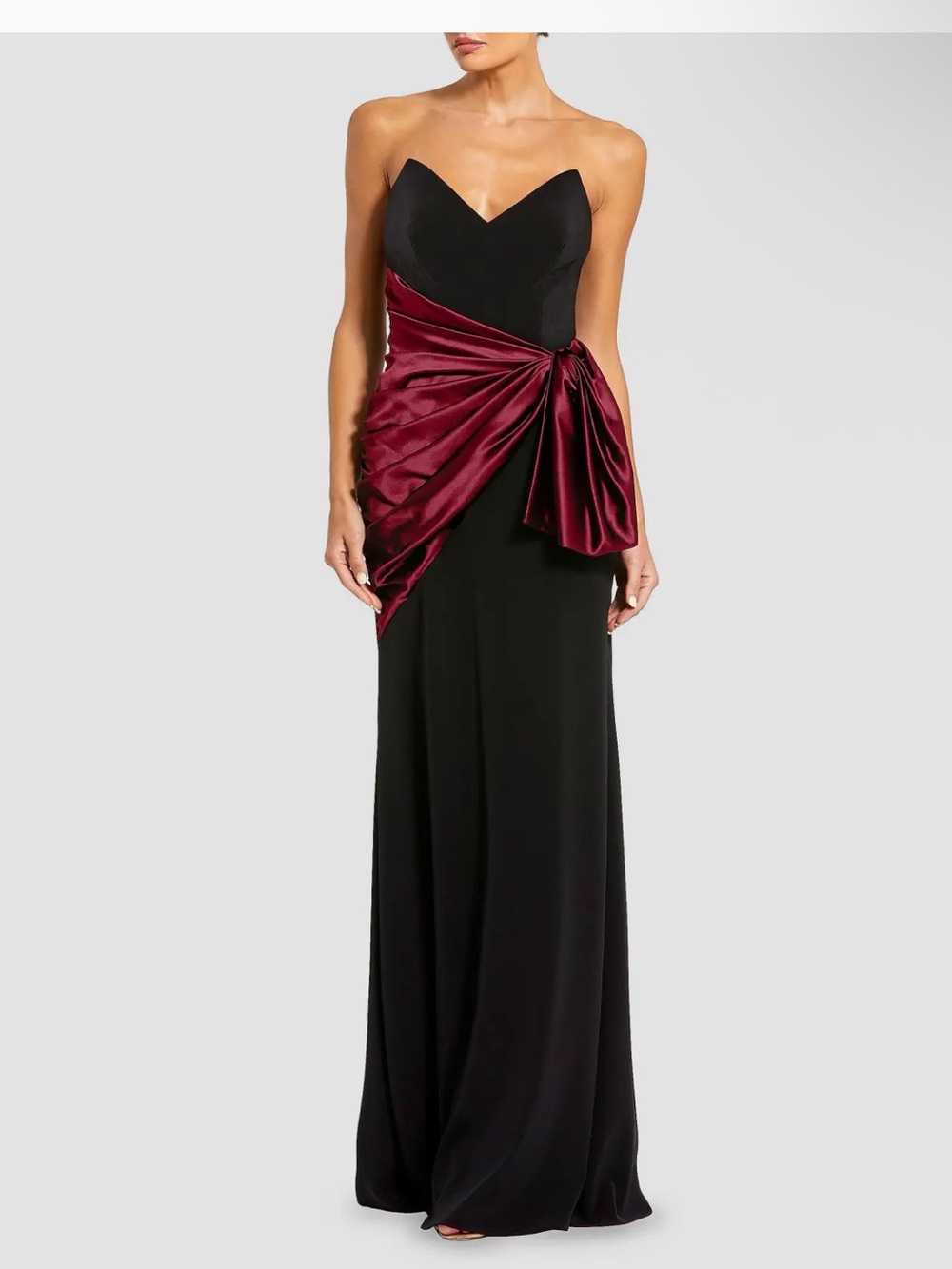 Mac Duggal Black Strapless Gown with Wine Satin Draped Sash